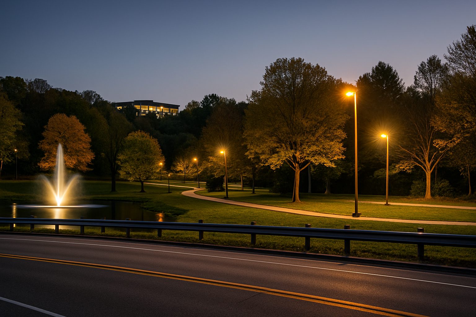 Scenic evening view representing Moon Township with trees and soft lighting.
