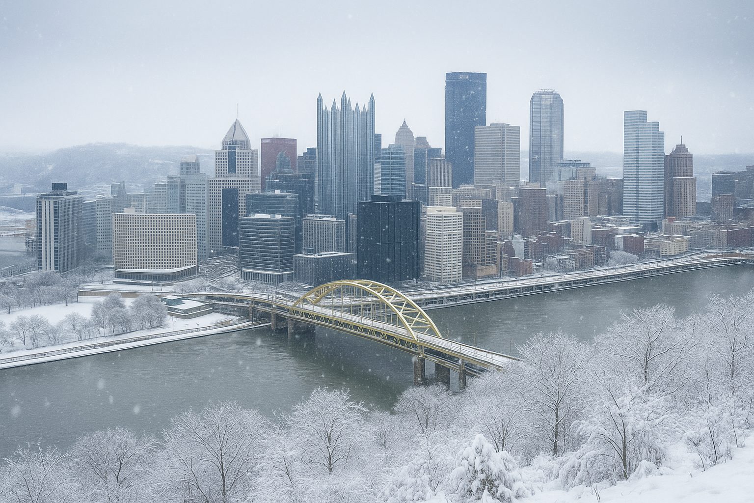Pittsburgh skyline in winter with snow along the rivers and bridges